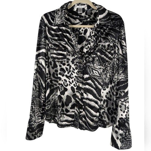Vintage Cache Animal Print Satin Blouse L – Y2K Glam Rock Street Style Top - Picture 4 of 10